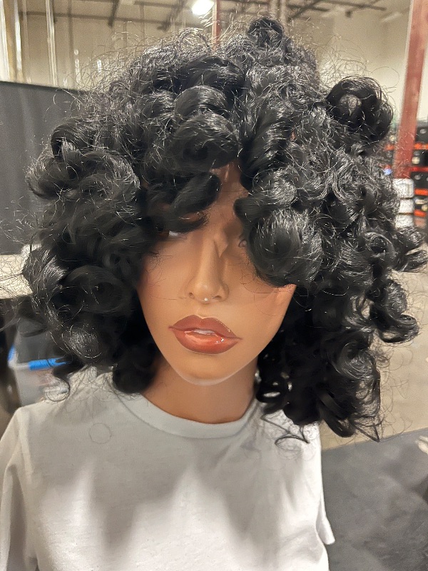 Photo 1 of Short Curly Wig with Bangs Full Loose Curly Wigs Big Curly Wig Soft Fluffy Natural Synthetic Hair for Daily and Party (Black)