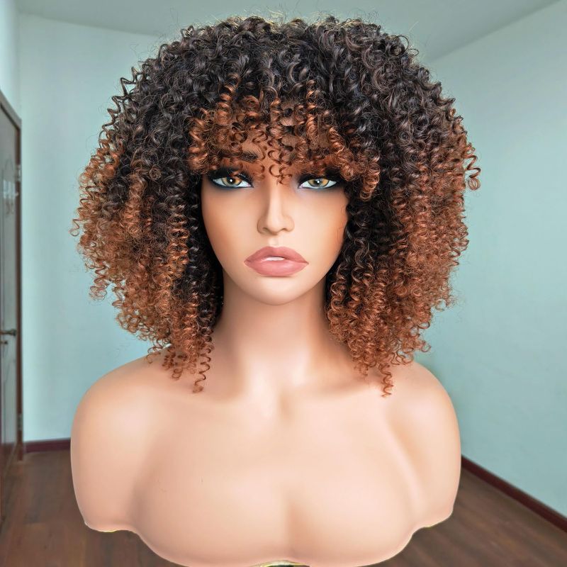 Photo 1 of Kinky Curly Wig Brown With Bangs - Synthetic Short Hair Wig