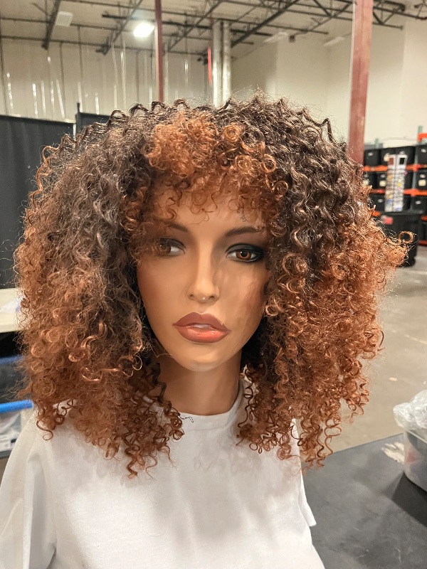 Photo 1 of Kinky Curly Wig Brown With Bangs - Synthetic Short Hair Wig