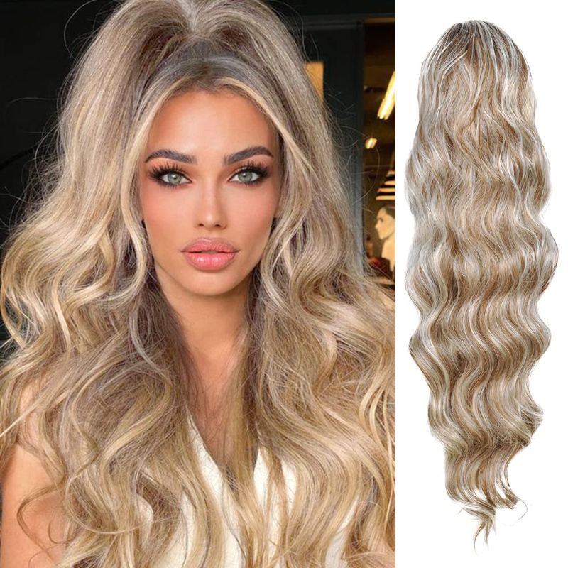 Photo 1 of KETHBE 24 Inch Long Body Wave Ponytail hair Extension Synthetic Heat Resistant Wrap Around Drawstring Curly Wavy Ponytail Hairpieces for Women (P6H613)