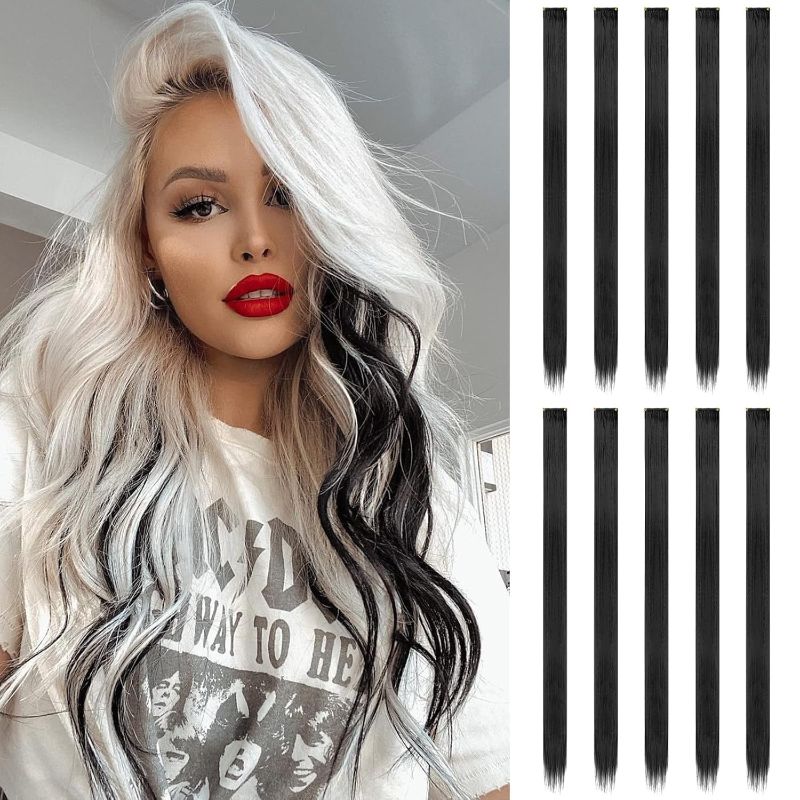 Photo 1 of *Missing One* FESHFEN Colored Clip in Hair Extensions - 10 PCS Black Highlighted Hair Piece Straight Synthetic Clip in Hairpieces for Women 22 inch
