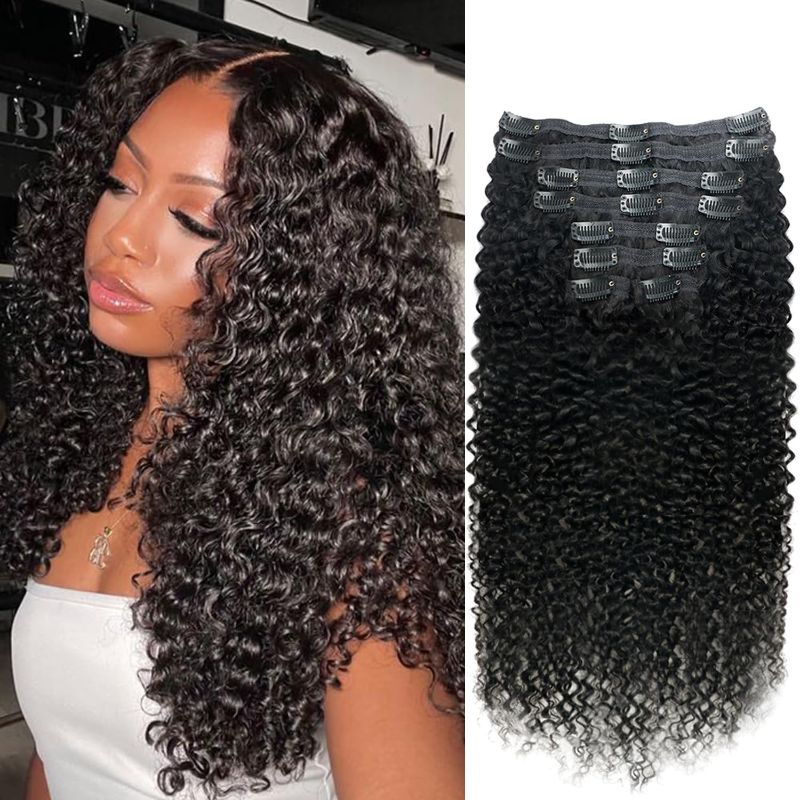 Photo 1 of *Missing a 4 Clip* Curly Clip in Hair Extensions  Brazilian Virgin Human Hair Clip in Extensions Kinky Curly Clip ins Human Hair 8Pcs 120g 18inch Natural Black