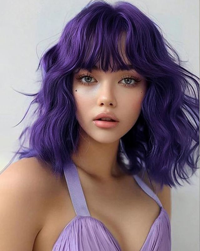 Photo 1 of Purple Short Bob Wigs with Bang Synthetic Loose Curly Wavy Bob Wig Shoulder Length for Women Girls Daily Short Wavy Colorful Wig Everyday Hairstyle
