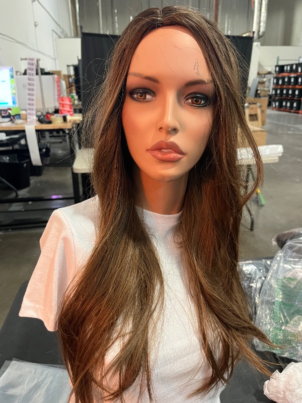 Photo 1 of Brown Wigs for Women Long Curled Wig Layered Brown Hair Wig 24Inch Side Part Part Dark Brown Wig Natural Heat Resistant Synthetic Fiber Wig for Party Halloween