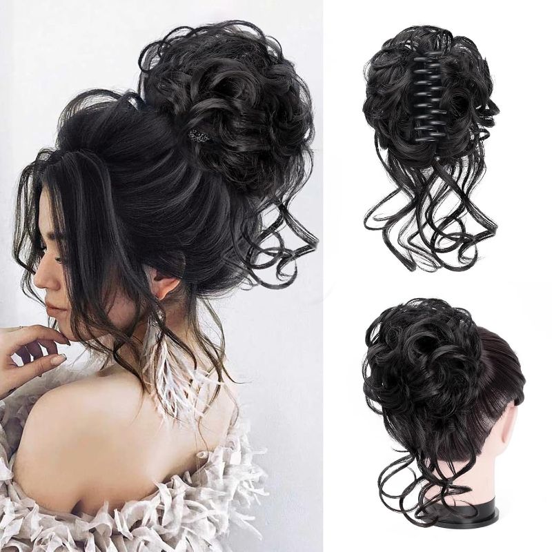 Photo 1 of Messy Bun Hair Piece Claw Clip Bun Hair Accessories for Women Messy Wavy Curly Bun Extensions Short Tousled Updo Synthetic Black Hair Extensions Messy Bun Ponytail Extensions (Black)