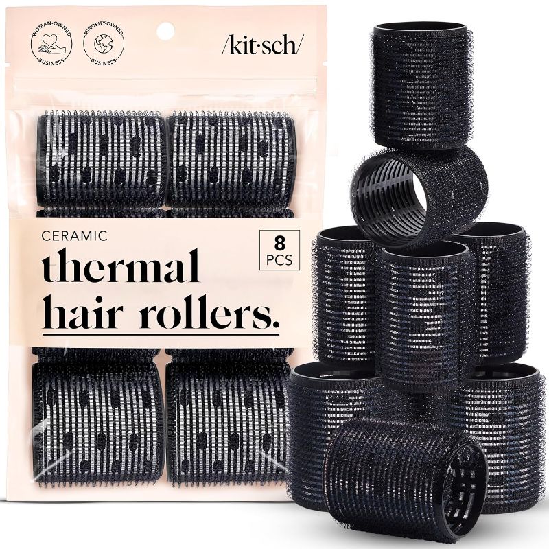 Photo 1 of Kitsch Ceramic Thermal Hair Rollers for Women – Self Grip Hair Curlers for Heatless Curls Overnight - Volumizing Large Rollers for Short & Long Hair - For Long Lasting Frizz-Free Curls - Black, 8pcs