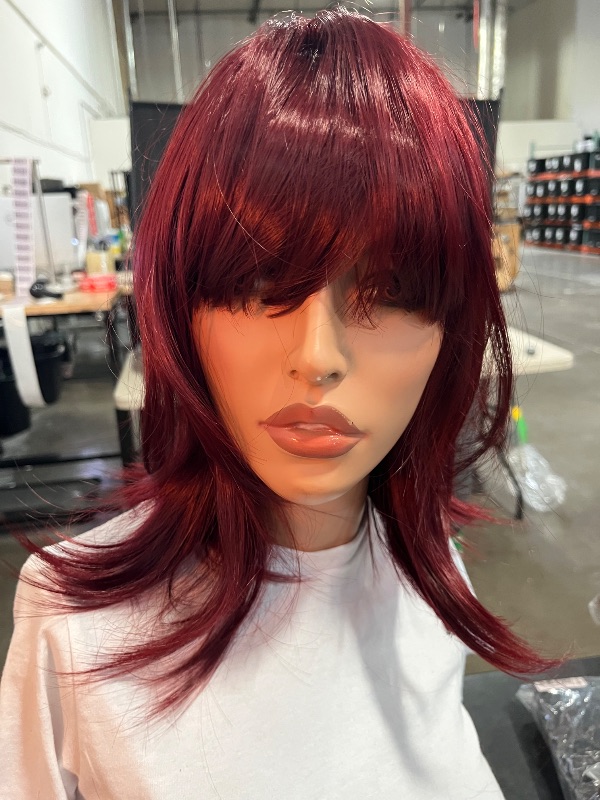 Photo 1 of AISI HAIR Curly Bob Wig with Bangs Short Wavy Wine Red Color Wigs for Women Bob Style Synthetic Heat Resistant Bob Wigs
