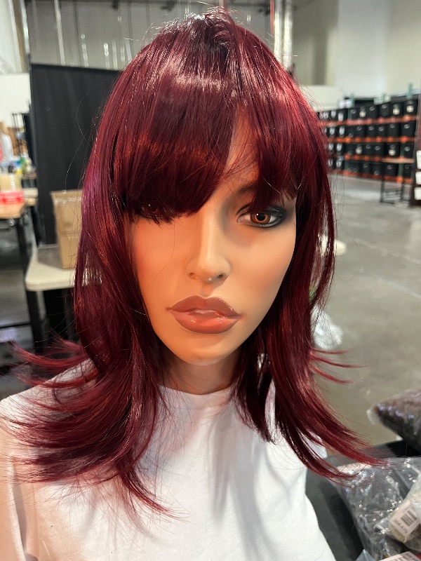 Photo 1 of AISI HAIR Curly Bob Wig with Bangs Short Wavy Wine Red Color Wigs for Women Bob Style Synthetic Heat Resistant Bob Wigs
