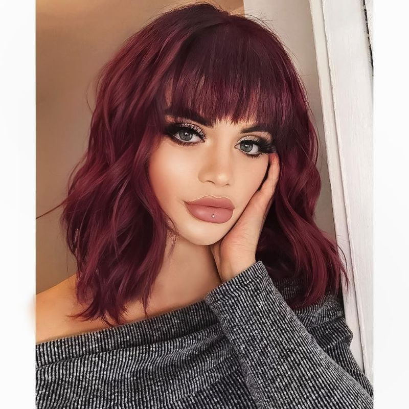 Photo 1 of AISI HAIR Curly Bob Wig with Bangs Short Wavy Wine Red Color Wigs for Women Bob Style Synthetic Heat Resistant Bob Wigs
