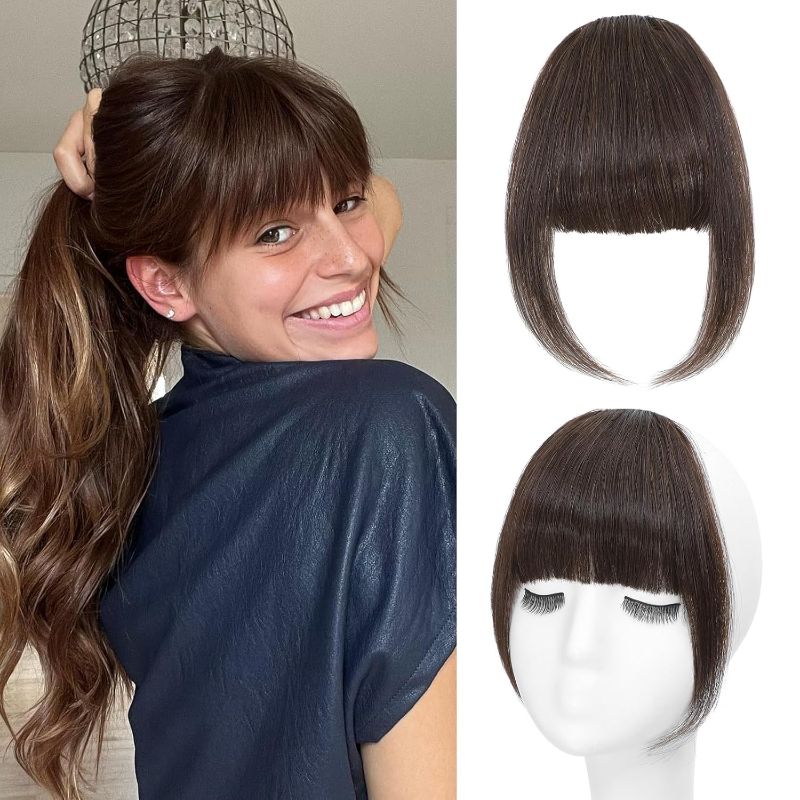 Photo 1 of Bangs Hair Clip Human Hair Medium Brown French Bangs for Women Fringe with Temples Hairpieces Clip on Bangs for Daily Wear (Medium Brown, French Bangs)