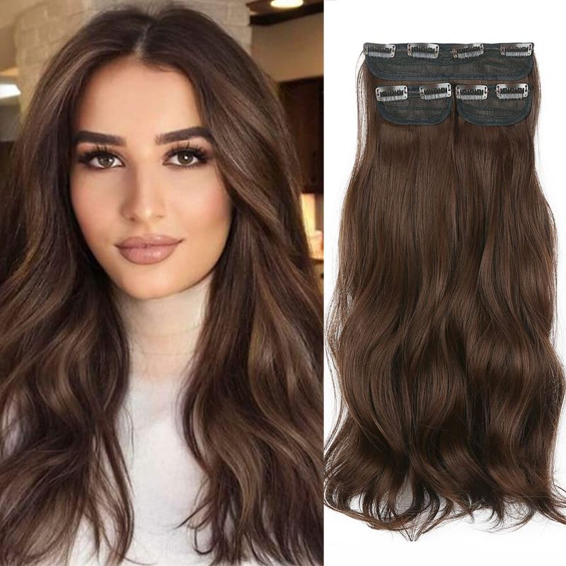 Photo 1 of Medium Chestnet Brown Clip in Hair Extensions 24" 3PCS 220g Long Soft Glam Waves Thick Adjustable Full Head Invisible Crown Hair Extensions For Women
