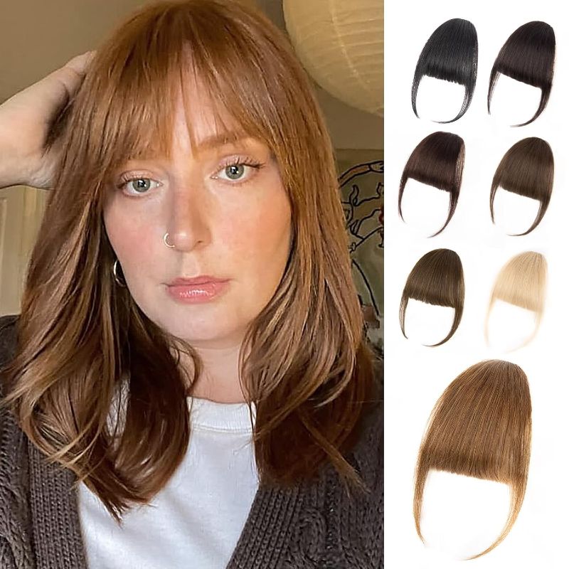 Photo 1 of Clip in Bangs, 100% Real Human Hair Fake Bangs Clip on Bangs Hairpieces for Women Wispy Bangs Light Brown Fringe with Temples Curved Clip in Hair Extensions for Daily Wear
