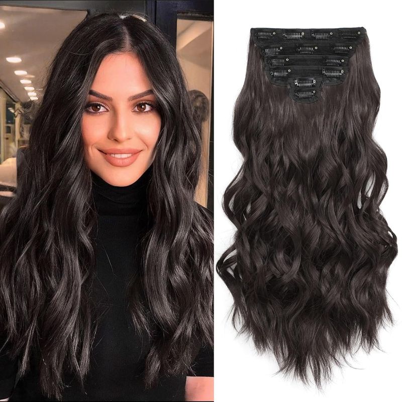Photo 1 of Synthetic Clip in Hair Extensions, 6 PCS Natural & Soft Hair & Blends Well Hair Extensions, Dark Brown Long Wavy Hairpieces(20inch, 6pcs, Dark Brown)
