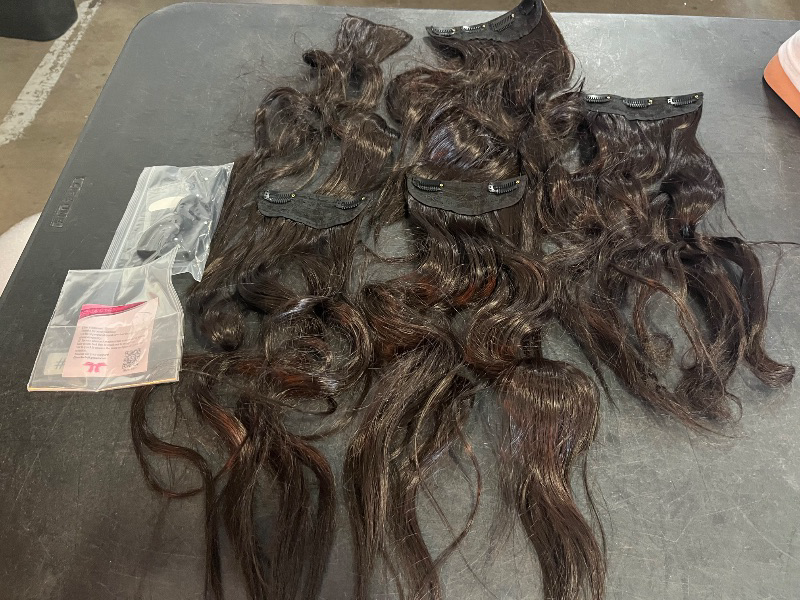 Photo 1 of Synthetic Clip in Hair Extensions, 6 PCS Natural & Soft Hair & Blends Well Hair Extensions, Dark Brown Long Wavy Hairpieces(20inch, 6pcs, Dark Brown)
