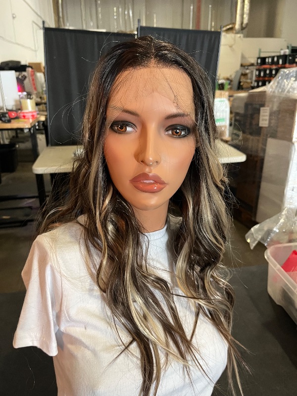 Photo 1 of Brown Highlight Blonde Wig Ombre Dark Root 13x4 Lace Front Wigs Pre Plucked Long Loose Wave Platinum Synthetic Fiber Hair 20Inch for Women