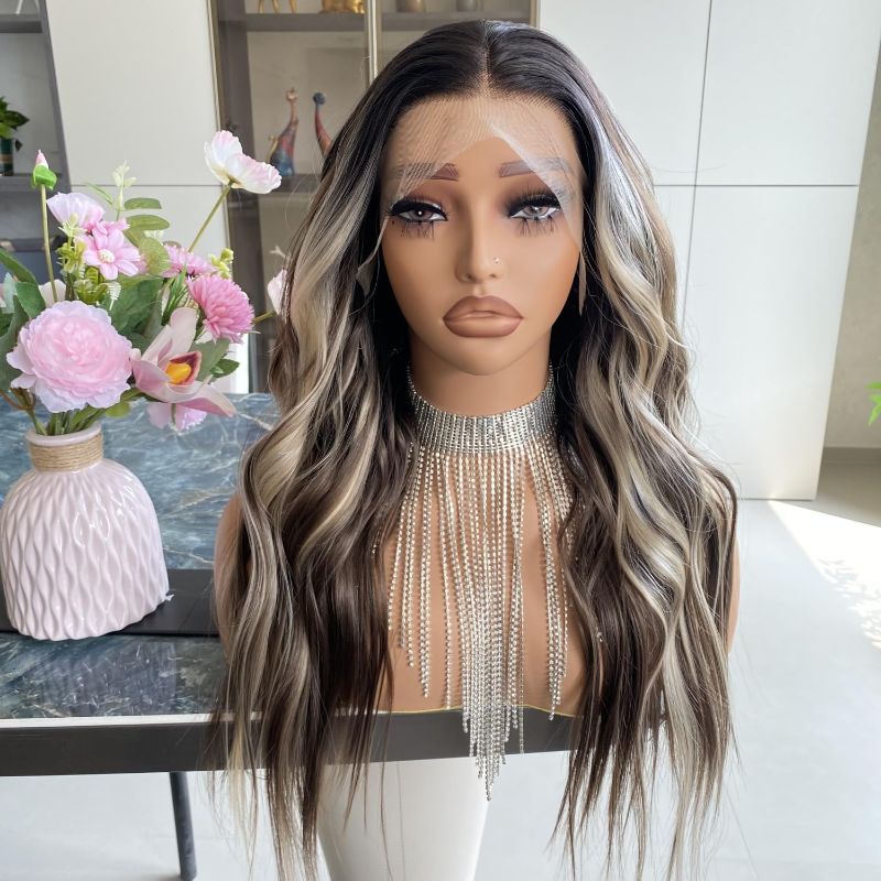 Photo 1 of Brown Highlight Blonde Wig Ombre Dark Root 13x4 Lace Front Wigs Pre Plucked Long Loose Wave Platinum Synthetic Fiber Hair 20Inch for Women