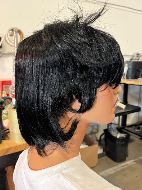 Photo 1 of Short Black Shaggy Layered 80s Mullet Pixie Wig with Bangs Wolf Cut Curly Synthetic Natural Funny Adult Fake Fun Hair Replacement Wigs for White Women Daily Party Cosplay Costume Halloween Use
