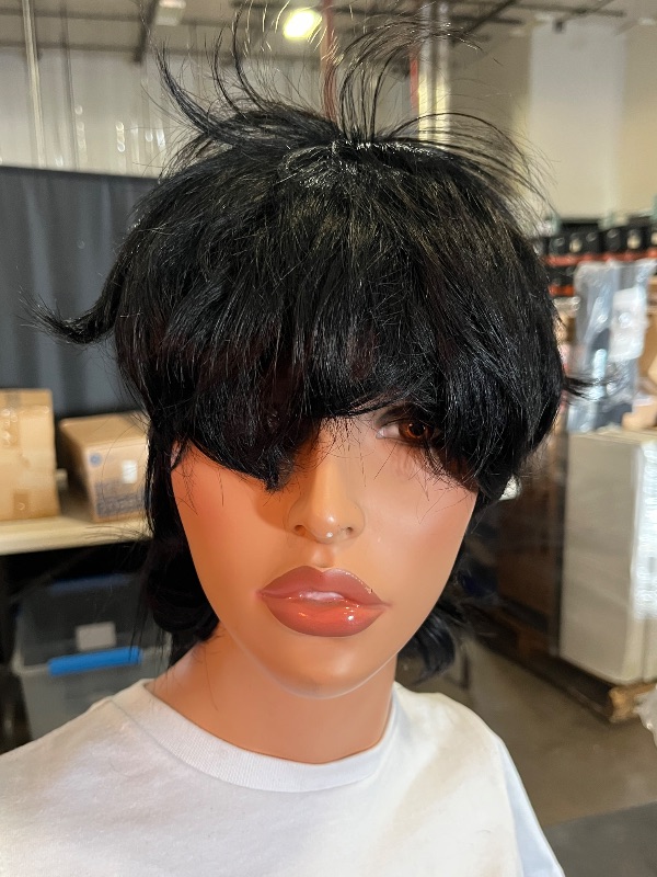 Photo 1 of Short Black Shaggy Layered 80s Mullet Pixie Wig with Bangs Wolf Cut Curly Synthetic Natural Funny Adult Fake Fun Hair Replacement Wigs for White Women Daily Party Cosplay Costume Halloween Use
