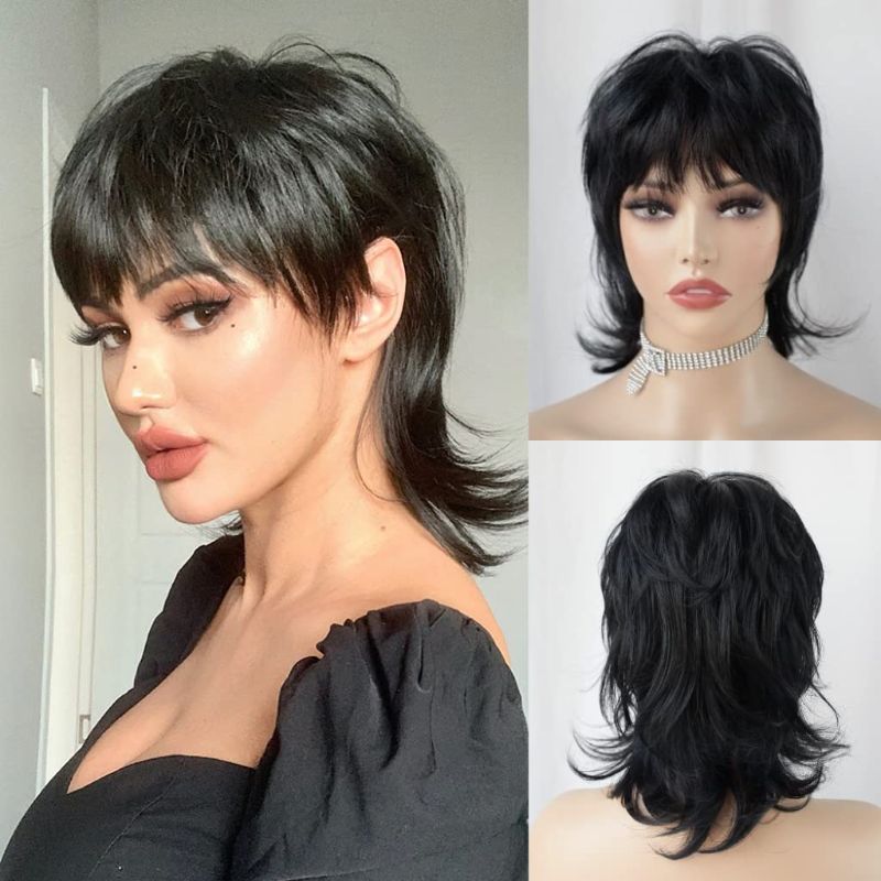 Photo 1 of Short Black Shaggy Layered 80s Mullet Pixie Wig with Bangs Wolf Cut Curly Synthetic Natural Funny Adult Fake Fun Hair Replacement Wigs for White Women Daily Party Cosplay Costume Halloween Use
