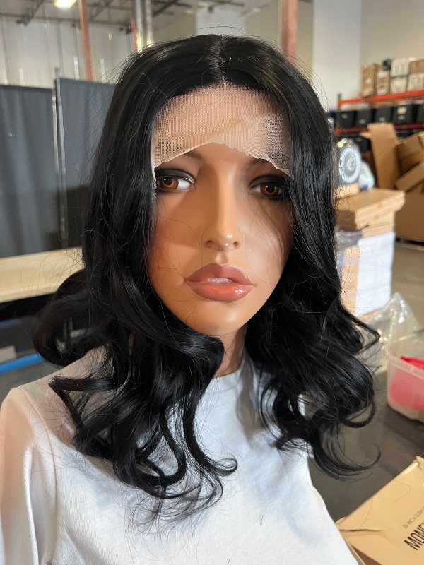 Photo 1 of Hair Synthetic Lace Front Wig Wavy Shoulder Length 16inch Jet Black Heavy Density Heat Resistant Realistic Wig