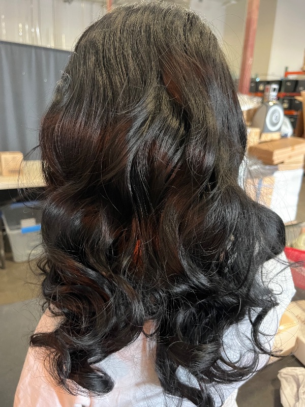 Photo 1 of Hair Synthetic Lace Front Wig Wavy Shoulder Length 16inch Jet Black Heavy Density Heat Resistant Realistic Wig