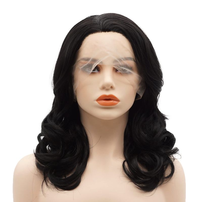 Photo 1 of Hair Synthetic Lace Front Wig Wavy Shoulder Length 16inch Jet Black Heavy Density Heat Resistant Realistic Wig