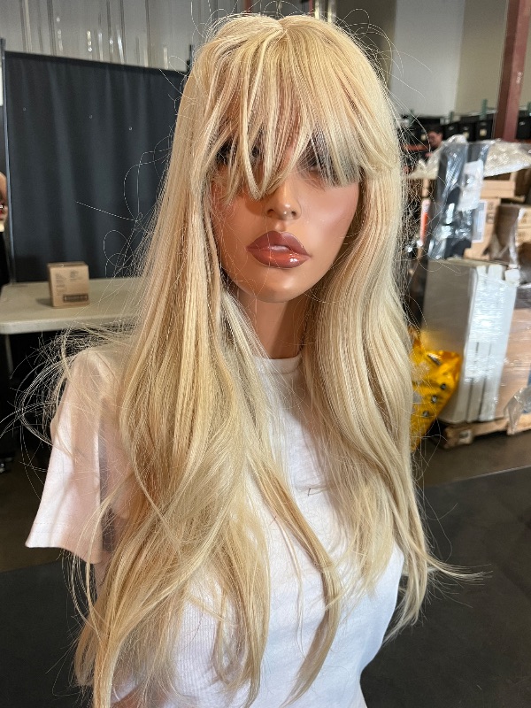 Photo 1 of BARSDAR Beige Blonde Layered Wig with Bangs - 20 Inch Blonde Layered Wig with Bangs for Women - Natural Looking Soft Wavy Synthetic Wigs Straight Layers Haircut Fringe Daily Party Halloween