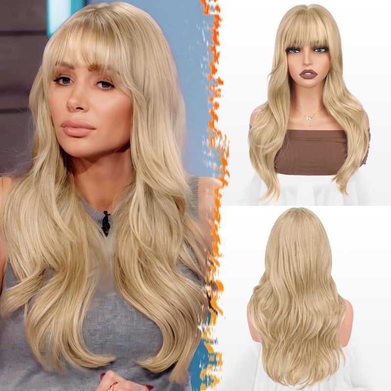 Photo 1 of BARSDAR Beige Blonde Layered Wig with Bangs - 20 Inch Blonde Layered Wig with Bangs for Women - Natural Looking Soft Wavy Synthetic Wigs Straight Layers Haircut Fringe Daily Party Halloween