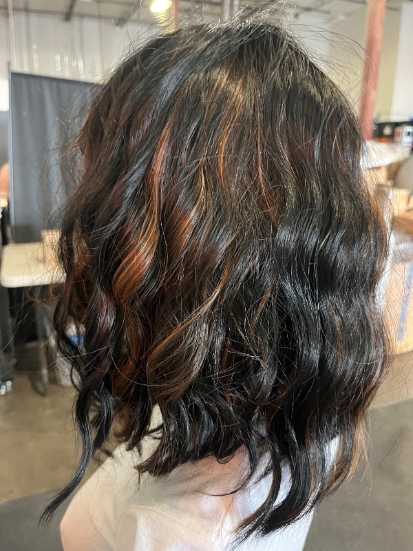 Photo 1 of Lativ Black Mix Brown Wig with Bangs Short Wavy Wigs for Women Shoulder Length Curly Bob Wigs 14 Inches for Halloween Cosplay Daily Party Use