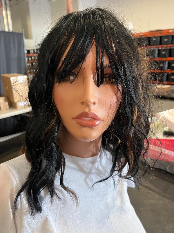 Photo 1 of Lativ Black Mix Brown Wig with Bangs Short Wavy Wigs for Women Shoulder Length Curly Bob Wigs 14 Inches for Halloween Cosplay Daily Party Use