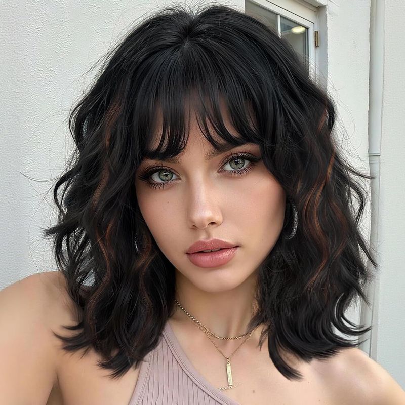 Photo 1 of Lativ Black Mix Brown Wig with Bangs Short Wavy Wigs for Women Shoulder Length Curly Bob Wigs 14 Inches for Halloween Cosplay Daily Party Use