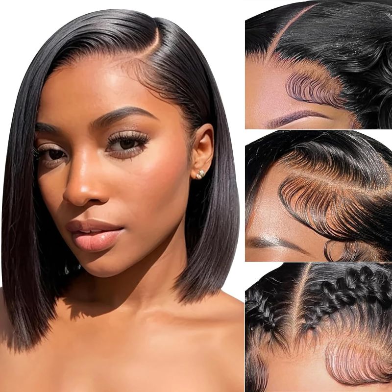 Photo 1 of Lace Front Bob Wigs Human Hair Pre Plucked 13x4 Lace Frontal Wigs Human Hair With Baby Hair Bleached Knots Virgin Glueless Wig 180% Density Natural Color 10inch
