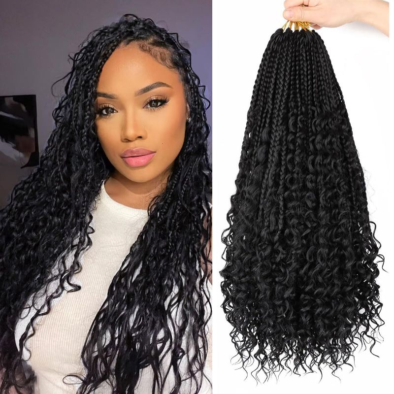 Photo 1 of *Missing One** Goddess Box Braids Crochet Hair 1B - 18 Inch 8 Packs Crochet Box Braids Pre-looped Boho Box Braids Crochet Hair Bohemian Box Braids with Curly Ends Synthetic Crochet Hair