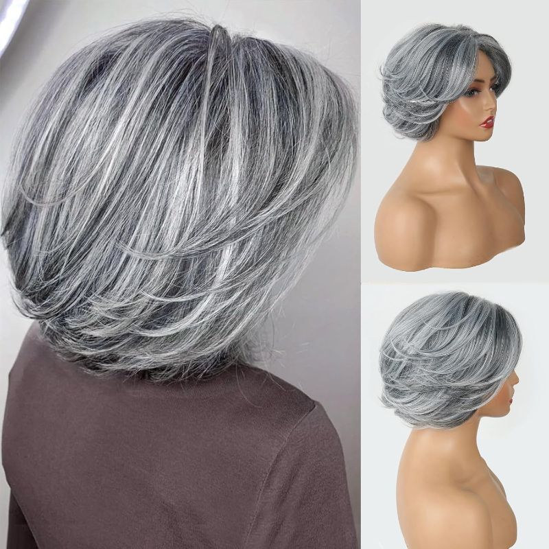 Photo 1 of Aisaide Highlight Silver Gray Layered Bob Wig with Curtain Bangs for Women Synthetic Light Grey Highlight Bob Wig Short Grey Layered for Black Women(Silver Gray Mixed Light)