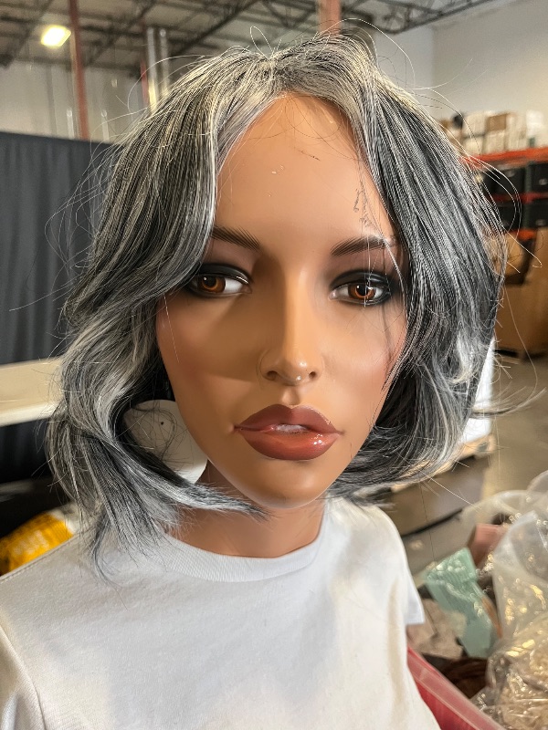 Photo 1 of Aisaide Highlight Silver Gray Layered Bob Wig with Curtain Bangs for Women Synthetic Light Grey Highlight Bob Wig Short Grey Layered for Black Women(Silver Gray Mixed Light)