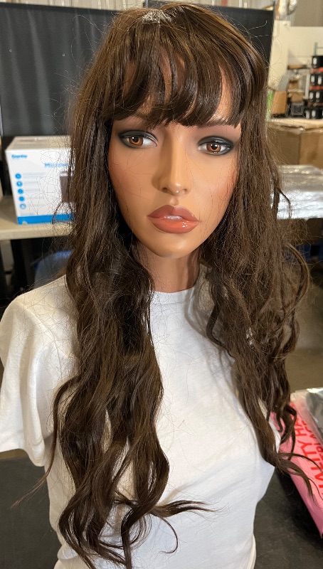 Photo 1 of MERISIHAIR Long Brown Wavy Wigs with Bangs for Women 26inch Brown Curly Wavy Wig Natural Looking Synthetic Heat Resistant Fiber Wig for Daily Party Use