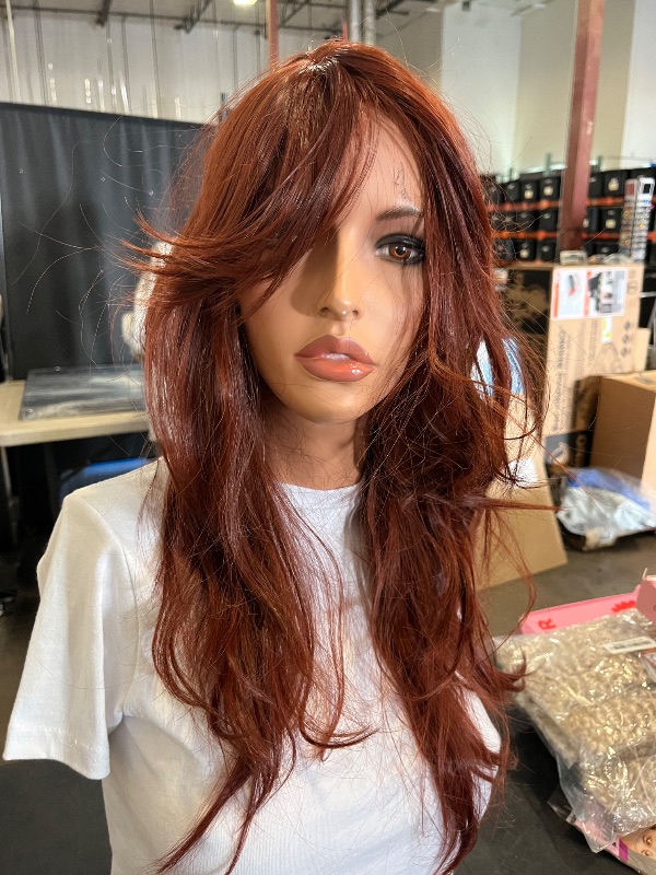 Photo 1 of Long red wig Layered Shoulder Length cherry color wig with bangs Heat resisithat fiber Synthetic Hair Fiber 26ionches Red Wigs Multicolor Wigs for White Women
