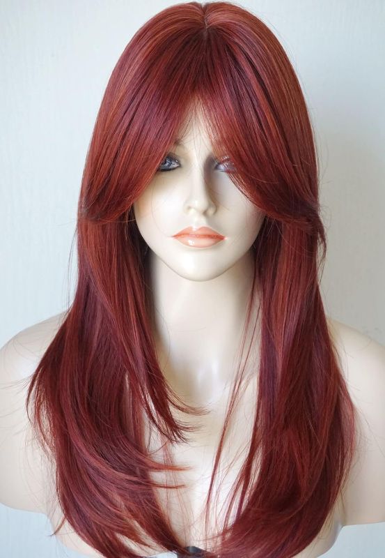 Photo 1 of Long red wig Layered Shoulder Length cherry color wig with bangs Heat resisithat fiber Synthetic Hair Fiber 26ionches Red Wigs Multicolor Wigs for White Women
