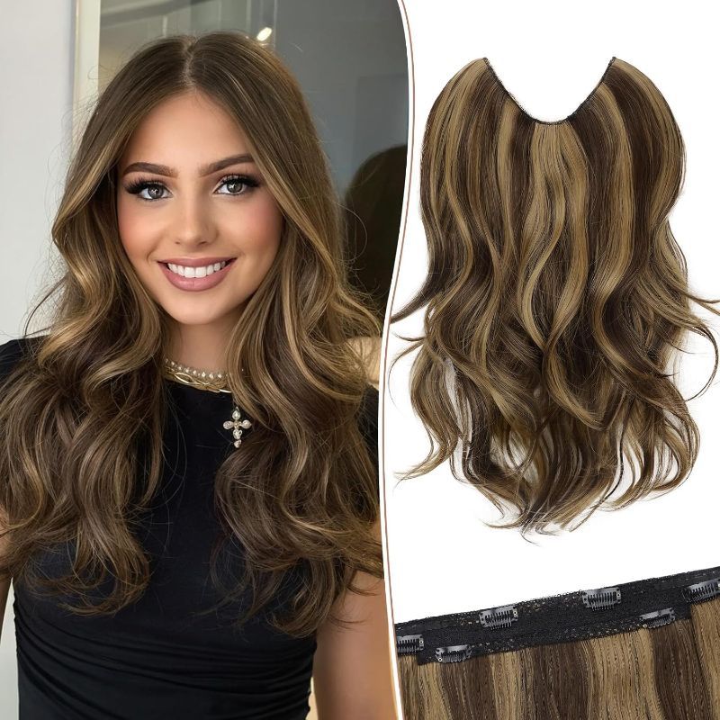 Photo 1 of KooKaStyle Invisible Wire Hair Extensions Long Straight Layered Synthetic with Transparent Wire Adjustable Size 6 Secure Clips Hairpieces for Women 16 Inch (Balayage Chocolate Brown to Caramel Blonde)
