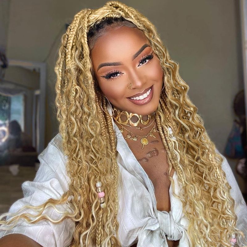 Photo 1 of LIYATE 7 Packs Crochet Box Braids 24 Inch Boho Crochet Hair for Women Bohomian Crochet Braids Synthetic Pre Looped Goddess Box Braids Crochet Hair with Curly Ends Honey Blonde Braiding Hair, P27/613