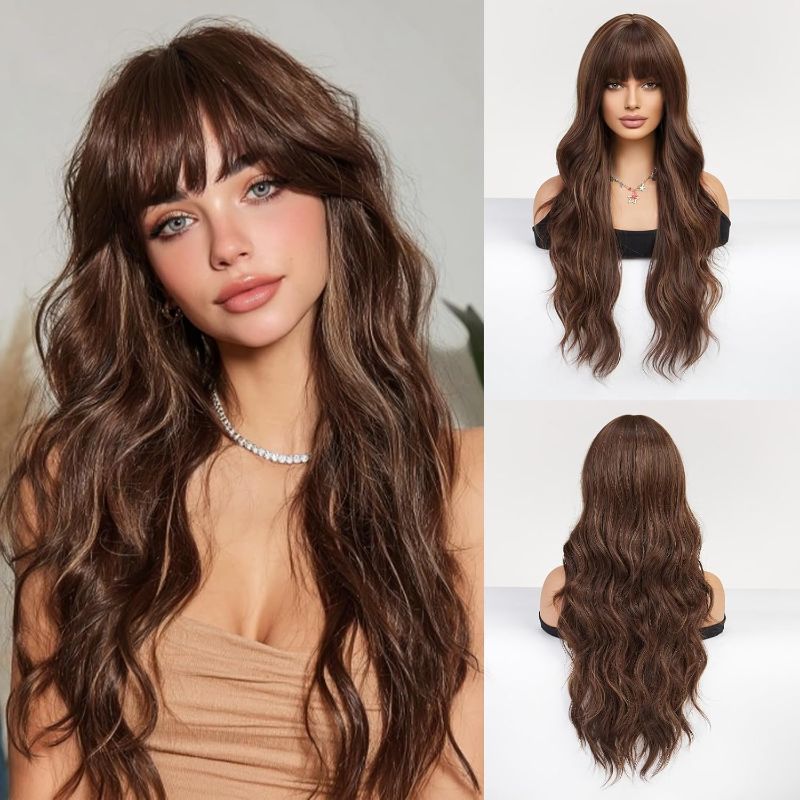Photo 1 of Dark Brown Wig with Bangs Synthetic Wigs for White Women Highlight Wig Brunette 26 Inches Light Brown Wig Natural Hair Long Wavy Wig Curly Hair Replacement Wigs for Women for Cosplay Daily Party Use