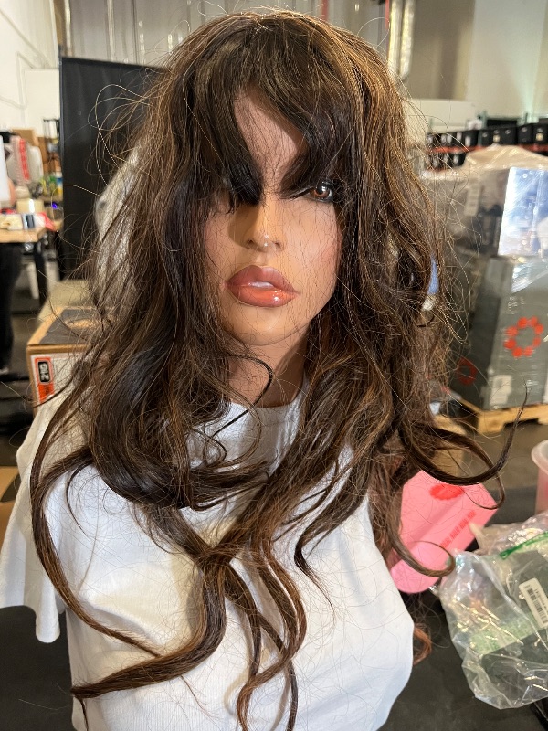 Photo 1 of Dark Brown Wig with Bangs Synthetic Wigs for White Women Highlight Wig Brunette 26 Inches Light Brown Wig Natural Hair Long Wavy Wig Curly Hair Replacement Wigs for Women for Cosplay Daily Party Use