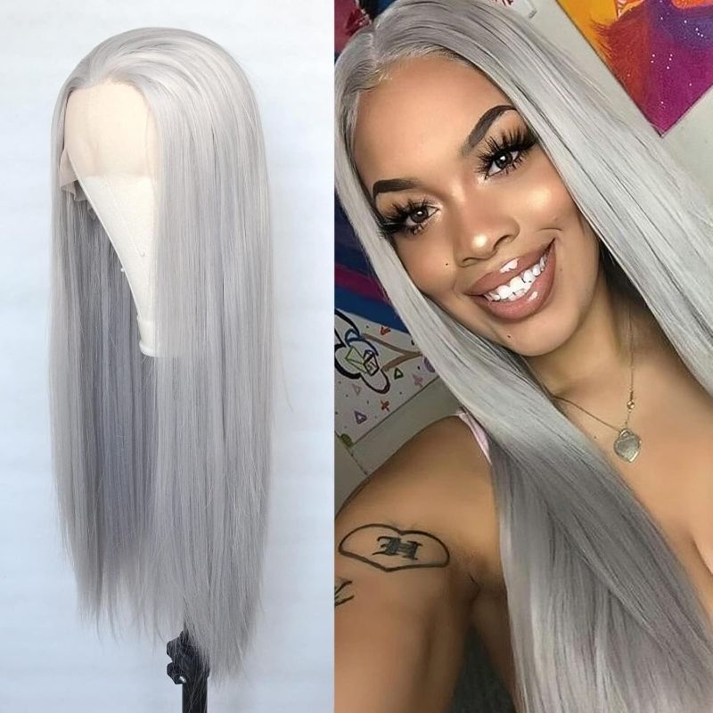 Photo 1 of Luwigs Gray Synthetic Lace Front Wigs Long Straight Heat Resistant Grey Wig Natural Hair Wigs for Women Cosplay Party Daily Wear 22inch