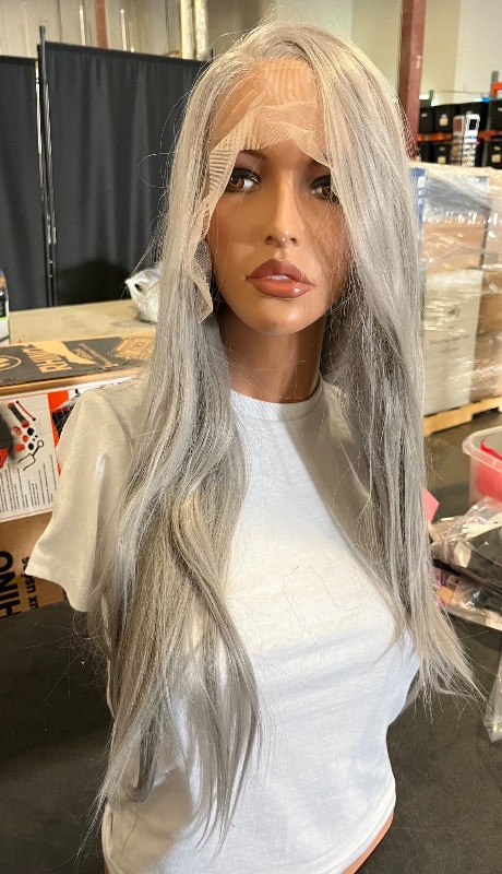 Photo 1 of Luwigs Gray Synthetic Lace Front Wigs Long Straight Heat Resistant Grey Wig Natural Hair Wigs for Women Cosplay Party Daily Wear 22inch