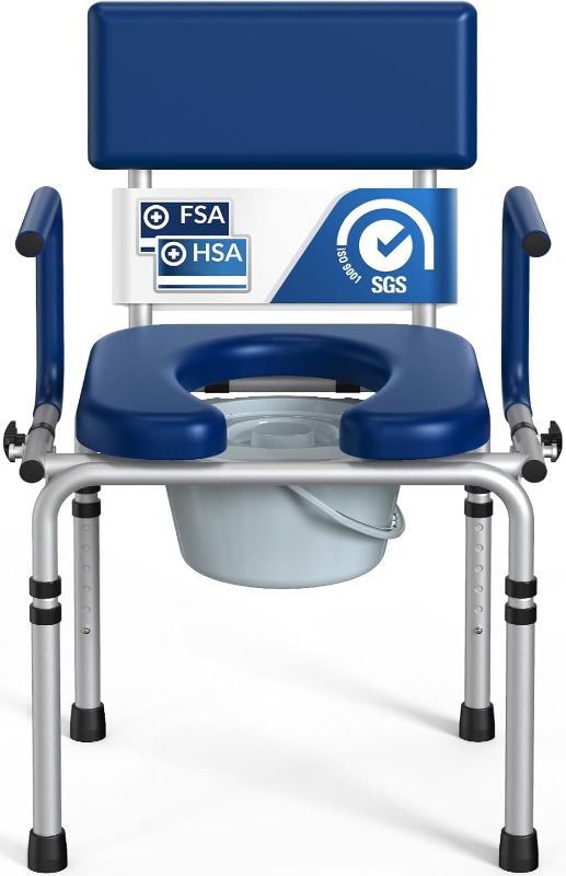 Photo 1 of Drop Arm Bedside Commode, Commode Toilet with Padded Seat and Backrest, 400lbs Capacity, 5.3QT Removable Bucket and Splash Guard, Adjustable Height Portable Toilet for Adults, Blue