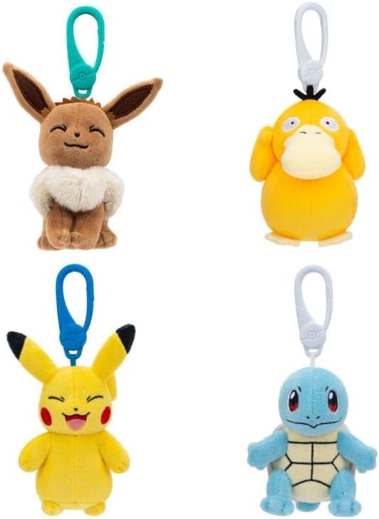Photo 1 of *Missing 2** Pokemon Pokémon Clip on 10cm Plush - Assortment of; Pikachu, Eevee, Squirtle, Psyduck - Official Stuffed Toy for Children 2+ - Uncludes 1x 10cm Plushie, Set of 8