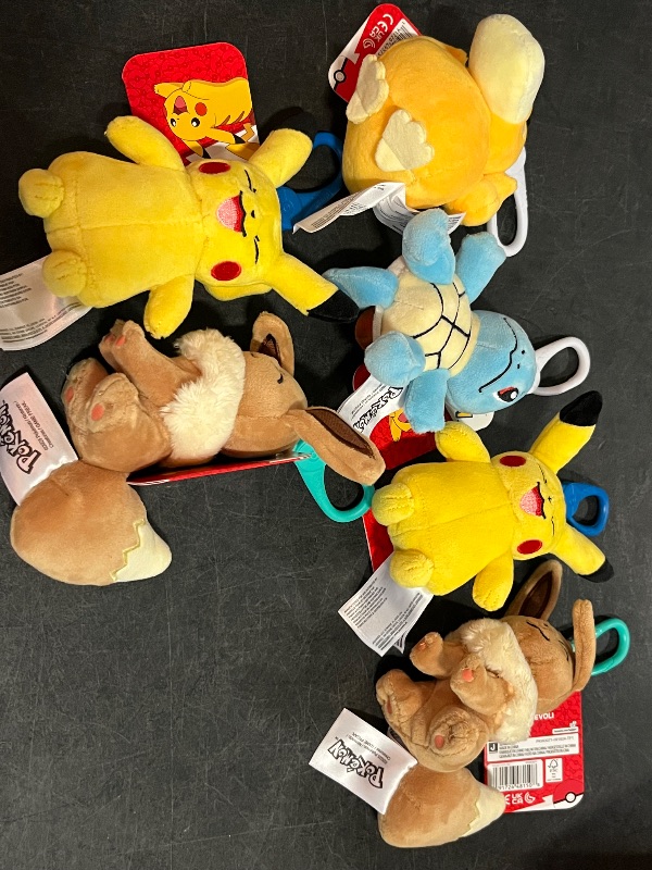 Photo 1 of *Missing 2** Pokemon Pokémon Clip on 10cm Plush - Assortment of; Pikachu, Eevee, Squirtle, Psyduck - Official Stuffed Toy for Children 2+ - Uncludes 1x 10cm Plushie, Set of 8