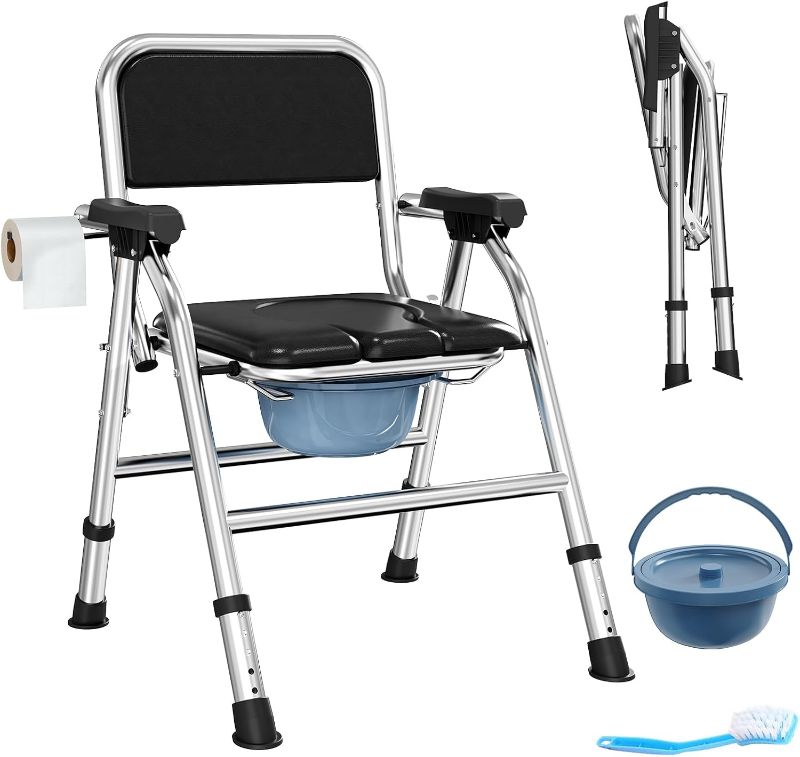 Photo 1 of Folding Bedside Commode Chair with Adjustable Height, Stainless Steel Adults Potty Chair with Paper Roll Holder, Shower Chair, Portable Bedside Toilet Chair for Elderly, Seniors and Disabled