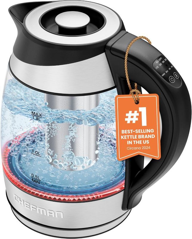 Photo 1 of Chefman Electric Kettle with Temperature Control, 5 Presets LED Indicator Lights, Removable Tea Infuser, Glass Tea Kettle & Hot Water Boiler, 360° Swivel Base, BPA Free, Stainless Steel, 1.8 Liters
