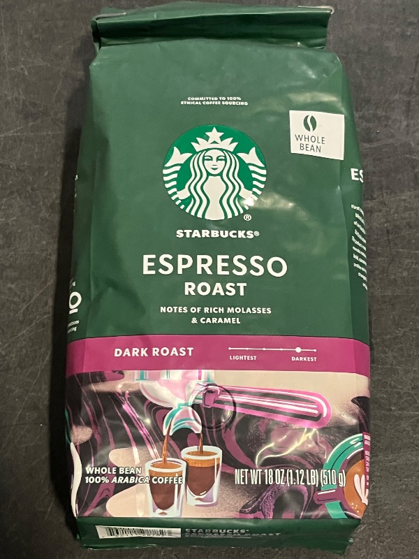 Photo 1 of Expired 10/20/24 Starbucks Whole Bean Coffee, Dark Roast Coffee, Espresso Roast, 100% Arabica, 1 bag (18 oz)